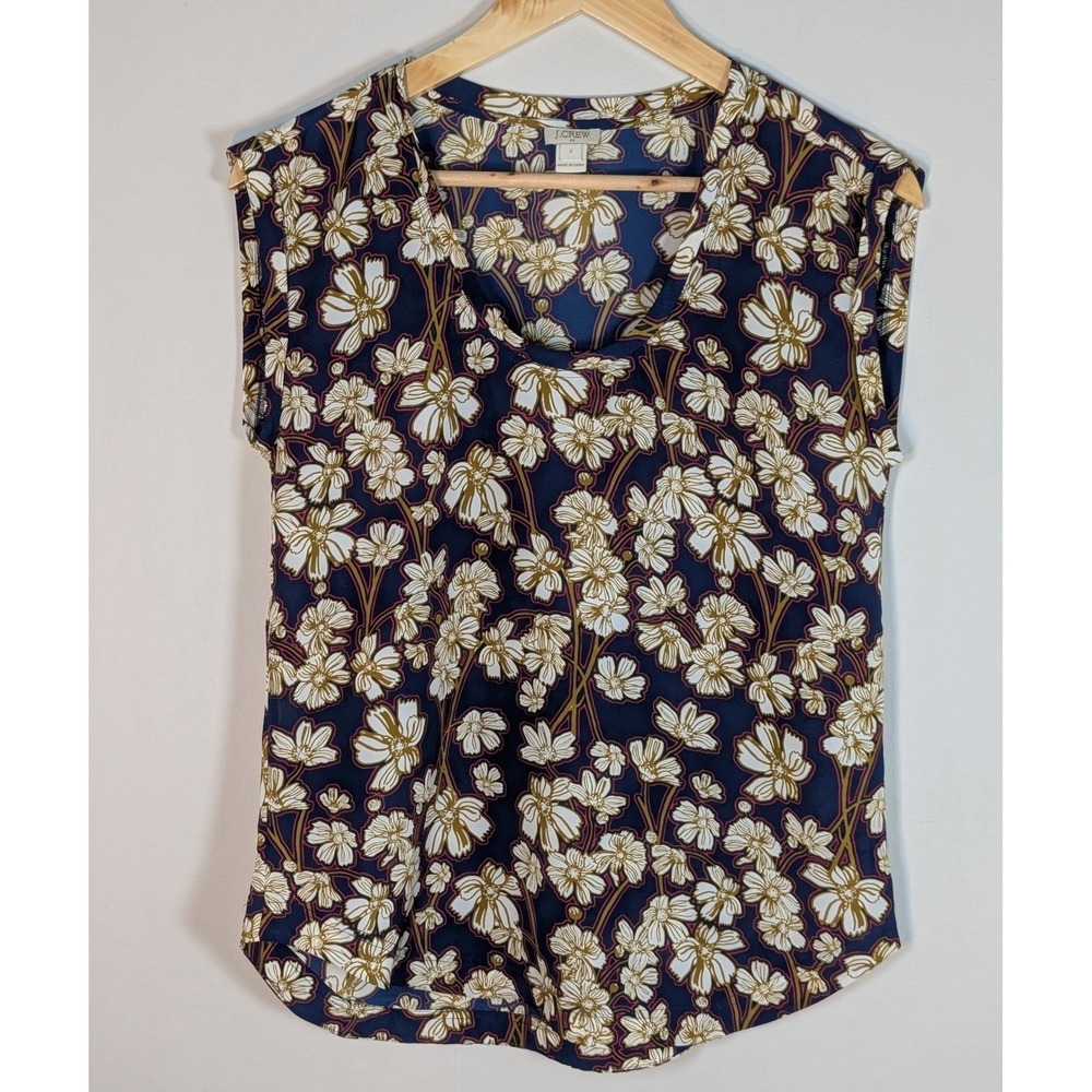 J.Crew Navy Blue Floral Sleeveless Blouse Scoop Neck Top Size 2
